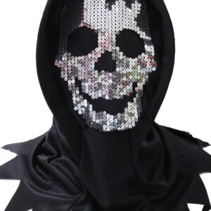 Cappuccio Horror Con Maschera Paillettes Argento Accessorio Di Carnevale