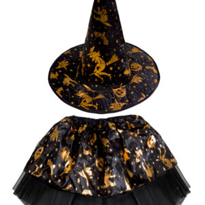 Set Gonna E Cappello Halloween Strega Oro Bambina Accessorio Di Carnevale