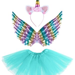 Set Unicorno Celeste 3 Pz.(cerchietto+ali+gonna) Accessorio Di Carnevale